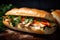 close-up image of a Banh Mi sandwich with a crunchy baguette, tender grilled chicken, pickled carrots and daikon, jalapeno,