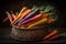 A close-up image of colorful carrots arranged in a wicker basket. AI