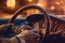A close-up image of a driver\\\'s hand firmly gripping the steering wheel as their car overtakes, with a blurred background