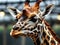 A close-up image of a giraffe\\\'s unique spotted pattern during a cloudy afternoon in a zoo enclosure