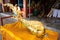 Close up image of gold sheet stick on holy golden gable apex statue in Thai temple. Publie Domain