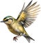 Close-up image of a Goldcrest bird. AI-generated.