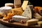 A close-up image highlighting a selection of artisanal cheeses, with various textures, colors, and shapes, conveying a sense of