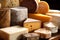 A close-up image highlighting a selection of artisanal cheeses, with various textures, colors, and shapes, conveying a sense of