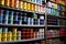 A close-up image highlighting a stack of paint canisters, paint cans, and other supplies neatly organized in a paint shop,