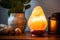 close-up image of a himalayan salt lamp turned on