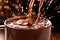 Close-up image of a hot cup of cocoa being poured, capturing the swirling motion and the splashes of chocolate as it fills the cup