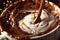 Close-up image of a hot cup of cocoa being poured, capturing the swirling motion and the splashes of chocolate as it fills the cup