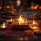 Close up image of lit diwali candles, colorful, Hindu festival of lights celebration