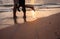 Close up image man and woman legs on surf sea line