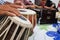 Close up image of musician hand playing tabla, an indian classical music instrument with focus on front hand