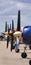 Close up image of a parked airplane's front propeller, showing the blades and their intricate detail