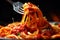 A close-up image of pasta spaghetti Amatriciana being twirled around a fork, showcasing the texture and presentation of the dish,