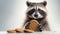 Close-up image of a raccoon holding a cookie, surrounded by more cookies. On light background. With copy space. Cute