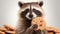 Close-up image of a raccoon holding a cookie, surrounded by more cookies. On light background. Cute animal. Ideal for
