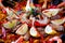 Close up image ripe ingredients of prepared served paella spanish traditional cuisine by country, bright colors