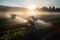 close-up image of a robotic vehicle navigating through crops on a high-tech agriculture farm with cinematic lights