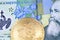 A close up image of a Romanian leu bank note with a gold physical Bitcoin