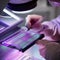 A close-up image of a scientist analyzing a DNA gel electrophoresis result under UV light1