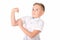 Close up image.The strong self-satisfied school boy on a white background shows the force