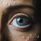 close-up image of a woman\\\'s eye light blue iris, water droplets on her face, generative ai