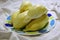 Close-up image of yellow durian, the most popular fruit of Thailand in the appetizing dish.