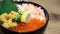 Close-up images of japanese seafood rice bowl