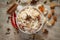 Close-up of Indian Basmati Rice or Kasmiri pulao pulav or Dry Fruits Pulao garnished with dry fruits and spices in ceramic bowl