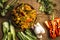 Close up of Indian Dish eaten in winter season Baingan ka Bharta with vegetables like:Spring onions,Allium fistulosum,Coriander,Co