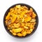Close-Up of Indian spicy snacks Namkeen - All in one in a black Ceramic bowl, made with fried peanut, corn flakes, sweet pea