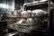 close-up of industrial dishwasher with dirty dishes, ready for cleaning