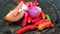 Close up of ingredients for making chili sauce on a clay plate