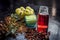 Close up of ingredients of treatment for oily skin on wooden surface i.e. amla powder with some raw organic rose water in a glass