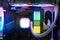 Close-up and inside high performance Desktop PC and Cooling system on CPU socket with multicolored LED RGB light show status on wo