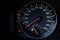 Close-up Instrument car panel with speedometer, low fuel level, ABS and other icons. Engine start and stop. Fuel crisis concept.