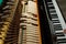 A close-up of the internal parts of a piano or grand piano. Selective focus. Details of the musical instrument from the