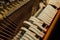 A close-up of the internal parts of a piano or grand piano. Selective focus. Details of the musical instrument from the