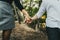 Close-up of the intertwined hands of a couple in love walking through a forest