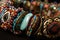 close-up of intricate beaded bracelet, with various colors and shapes