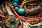 close-up of intricate beaded jewelry, with beads and charms in various colors