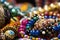 close-up of intricate beaded jewelry, with beads and charms in various colors