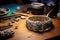 close-up of intricate silver jewelry on workbench