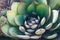 close-up of intricate watercolor succulent plant with fine details