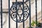 A close-up of an intricate wrought iron gate, providing security and protection to an old mansion with metal patterns in the