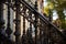 a close-up of intricate wrought iron railings of a victorian porch