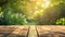 Close-up of inviting wooden table amidst natural beauty of green, blurred yard