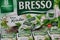 Close up of isolated packets french Bresso herb soft spread cheese