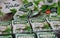 Close up of isolated packets french Bresso herb soft spread cheese