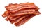 Close up isolated thin crispy grilled bacon strips on a cutout PNG transparent background