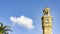 Close-up of izmir clock tower with palm tree and clouds